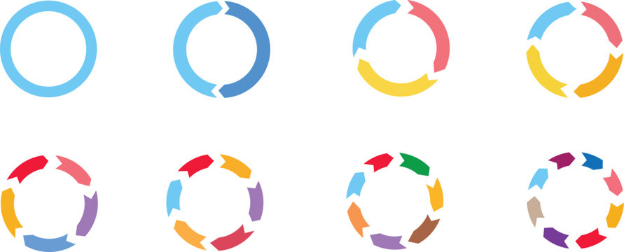 Colorful Circular Progress Loop Icons for Workflow Diagrams. icon vector diagram infographic set. Multi-Segment Cycle Arrows for Infographic Timelines.