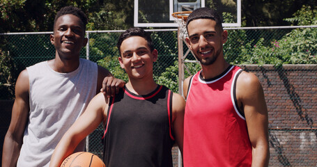 Smile, portrait or men on basketball court with confidence, fitness hobby or teamwork for weekend match. Happy, collaboration or people with pride, hoop competition or training support in New York. © peopleimages.com
