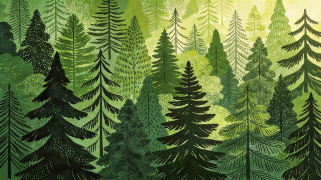 Green forest background, pine trees illustration and nature pattern