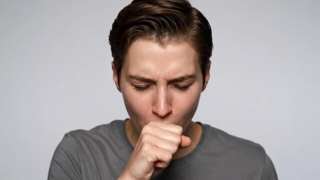 Cinematic health awareness video realistic medium close shot of young adult sneezing into hand responsible hygiene gesture pale facial tone slight nasal redness tired eyes natural motion sequence duri