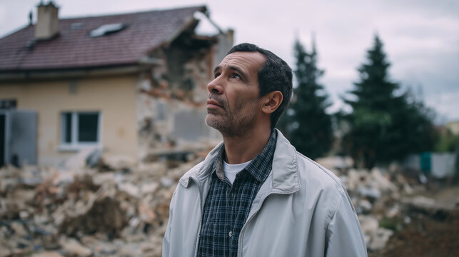 Man sitting among destroyed buildings covering his face after hurricane devastation and natural disaster.