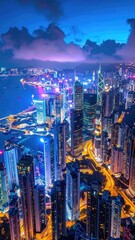 Obraz premium Vibrant high-angle view of a glowing metropolitan cityscape at twilight.