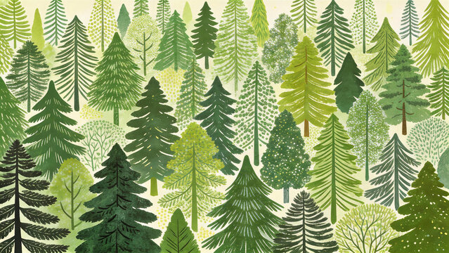 Green forest pattern, pine trees illustration and nature background