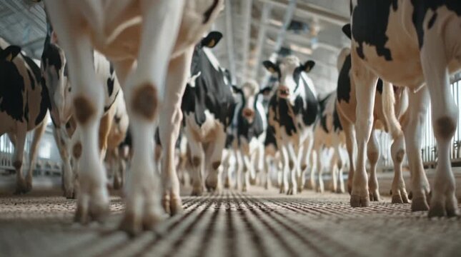 Cows standing in a row on a dairy farm.