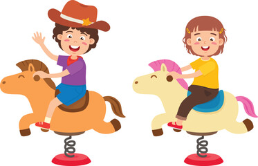Fototapeta premium Kid Boy And Girl Riding Spring Rider Horse