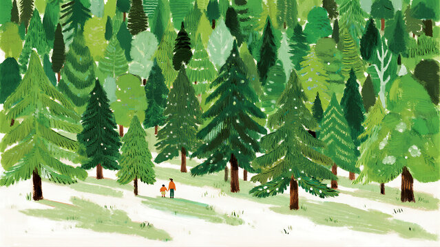 Green forest background, pine trees illustration and nature pattern