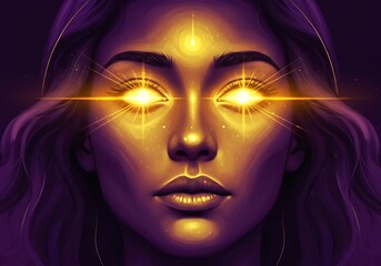 Spiritual woman with glowing third eye and cosmic energy