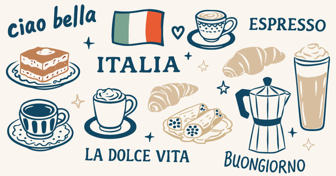 Hand drawn Italian coffee and dessert doodle set with espresso, cappuccino, moka pot, croissant, tiramisu, and traditional sweets. Vintage sketch style illustration for cafe branding, menu design, pac