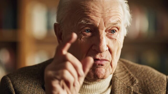 Elderly man in a brown jacket points his finger and speaks.