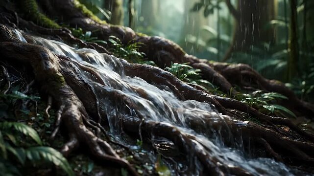 Serene cascade of clear water gently flowing over gnarled, intertwining tree roots in a lush, verdant tropical rainforest, highlighting nature's enduring power and beauty