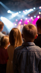 Silhouetted audience watching live concert with bright blue stage lights and performance atmosphere.