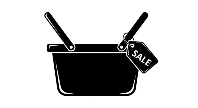 Black Shopping Basket with Sale Tag Icon