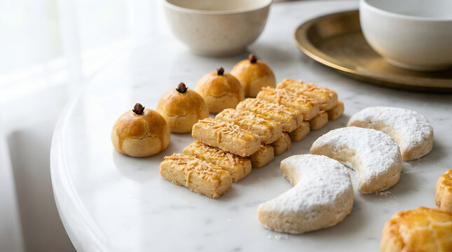 Traditional Eid cookie assortment flat lay nastar kastengel putri salju on marble table