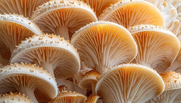 Close-up view of numerous creamy-white mushrooms revealing their delicate, closely packed gills illuminated by warm light.