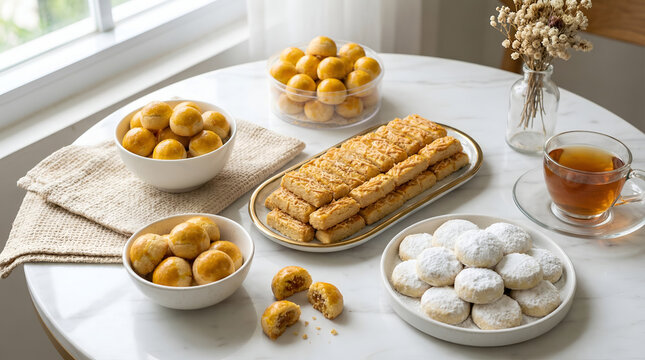 Traditional Eid cookie assortment flat lay nastar kastengel putri salju on marble table