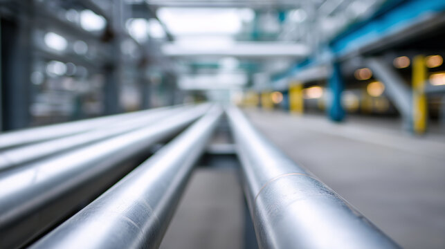 Industrial metal pipelines running parallel in an outdoor facility with strong perspective and depth.