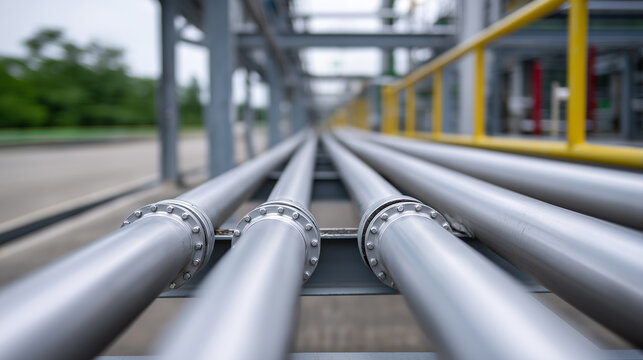 Industrial metal pipelines running parallel in an outdoor facility with strong perspective and depth.