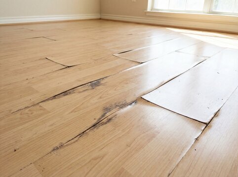 Water damaged and warped laminate wood flooring in an empty room