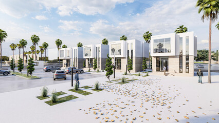 Fototapeta premium Modern Office Complex with Parking and Palm Trees – Contemporary 3D Architectural Rendering