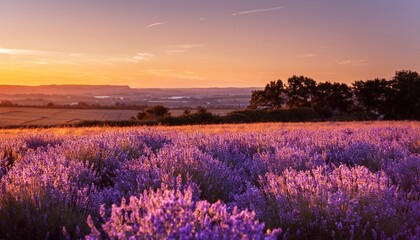 Fototapeta premium Lavender Field At Golden Hour N Purple Tones Blending With Warm Sunset Hues With Copy Space