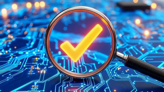 Magnifying glass over circuit board with checkmark