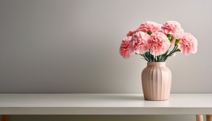 Fototapeta premium Pink Carnations In Elegant Vase On Minimalist Tabletop