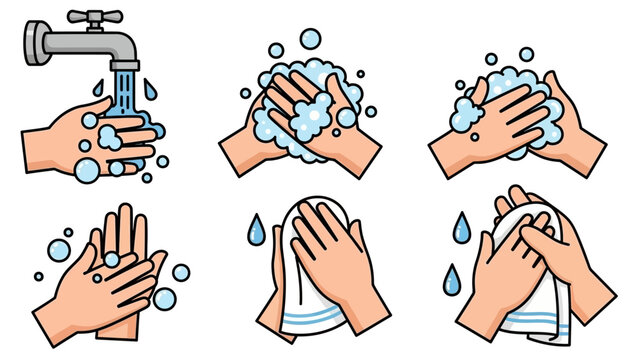 Vector graphic illustration depicting proper hand washing techniques with soap and water steps