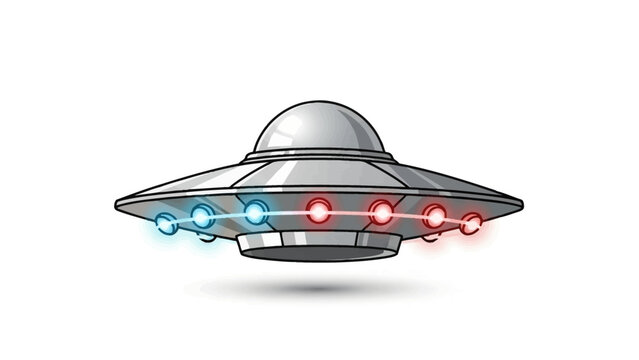 Cartoon UFO flying saucer with colorful lights on a white background