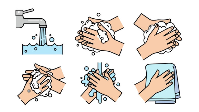 Vector graphic illustration of proper handwashing steps with soap and water