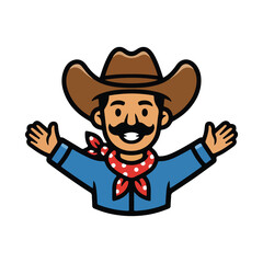 Intimidating bearded cowboy wearing a classic hat and bandana, rendered in a bold, retro mascot style, conveying ruggedness and western spirit.