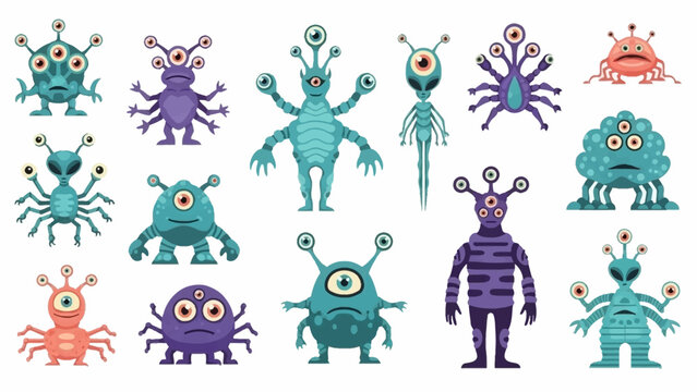 Colorful alien creatures with multiple eyes and various body shapes