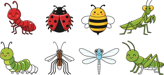 Cute cartoon insect illustration set featuring ant ladybug bee mantis caterpillar mosquito dragonfly and grasshopper for kids education, nature themes, and playful vector artwork © sumi
