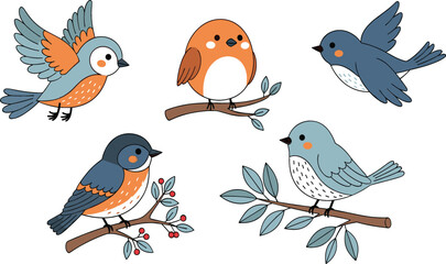 Obraz premium Cute cartoon bird illustration set perched on branches with leaves for spring nature themes, kids designs, nursery art, and playful vector artwork