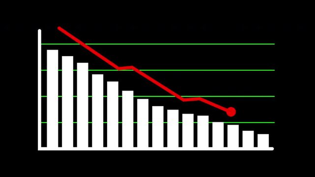 Down indicator arrow, decreasing bars. Suitable for business presentations, economic reports, financial blogs, and educational materials on declining trends.