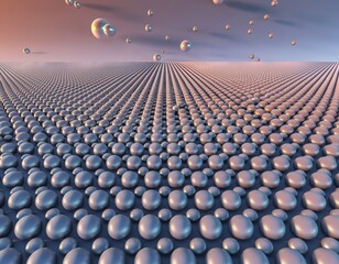 Obraz premium A surreal landscape of numerous metallic spheres arranged in a grid pattern under a vibrant sky