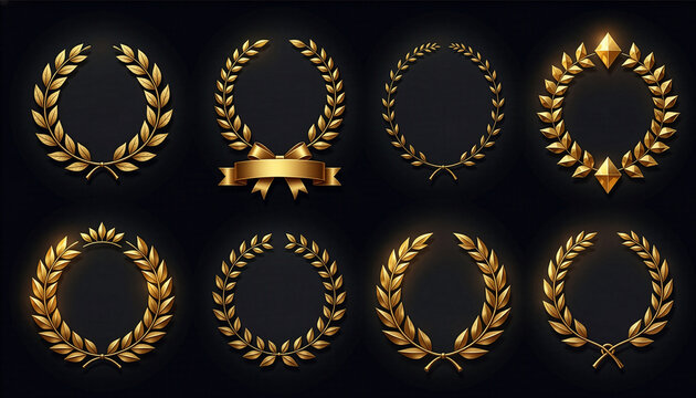 Luxury golden laurel wreath and emblem collection isolated on black background　黒背景に孤立した豪華な黄金の月桂冠とアワード用エンブレムのセット　イラスト