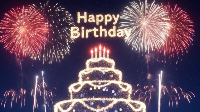 Happy Birthday Celebration with Fireworks and Illuminated Cake.