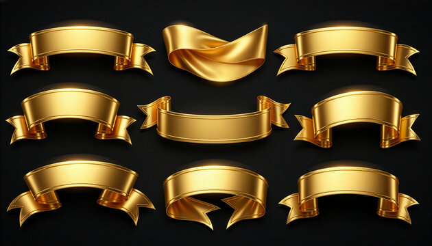 Luxury golden banner and ribbon set collection isolated on black background　黒背景に孤立した豪華な黄金のバナーとリボンのセット・コレクション素材　イラスト