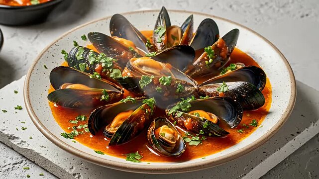 Delicious mussels in tomato sauce with herbs on white plate