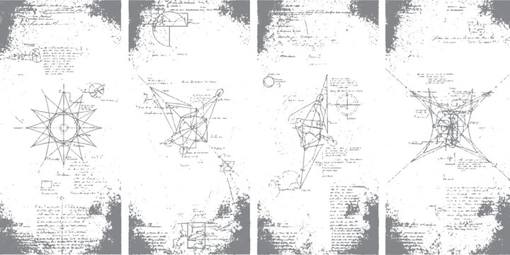 Vintage scientific sketches and notes collage with grunge texture, geometric diagrams and handwritten text for abstract backgrounds.