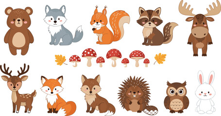 Fototapeta premium PrintCute woodland forest animal illustration set with bear fox deer owl raccoon rabbit mushrooms for kids design, nursery art, education, and playful vector artwork