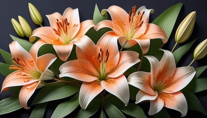 Fototapeta premium A Beautiful Arrangement Features Peach Colored Lilies Surrounded By Fresh Green Leaves And Delicate Buds Perfect For Adding A Touch Of Nature To Any Space