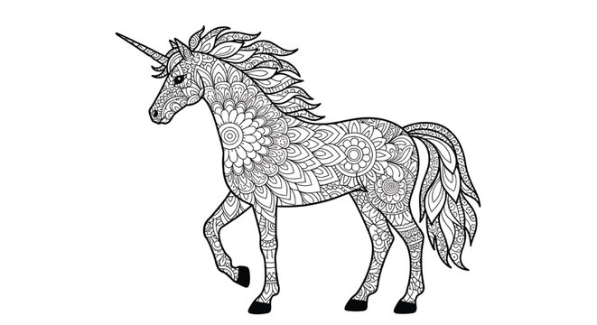 Unicorn ornate mandala line art with intricate floral patterns, fantasy horse illustration for coloring book, tattoo and decor