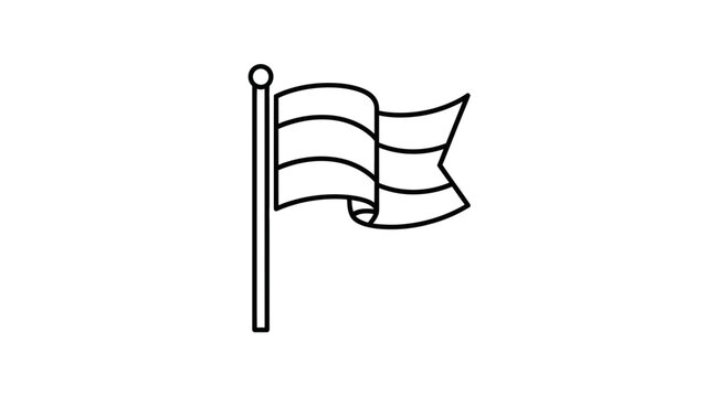 Waving Flag Icon on Pole, Simple Line Art, Symbol of Freedom and Nation