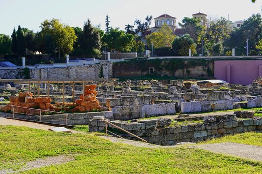 View of the archeological site of Keramikos. Ruins of the Pompeion, an ancient public building related to the religious procession for goddess Athena