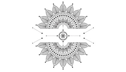 Mandala floral frame with leaf ornament, circular boho line art, blank banner label for logo, greeting card, tattoo design © Harry 
