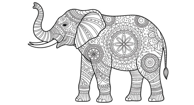 Elephant ornate mandala line art with patterned tribal ornaments, tusks and raised trunk, black outline coloring page vector