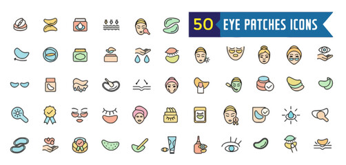 Collection of 50 colorful eye patch icons, a diverse assortment of medical, pirate, and fashion elements © Debra