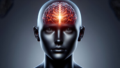 Fototapeta premium 3D anatomy illustration of Glowing Brain Inside Human Head Concept