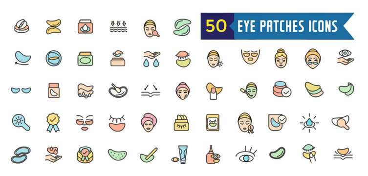 Collection of 50 colorful eye patch icons, a diverse assortment of medical, pirate, and fashion elements